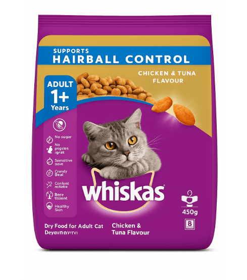 Whiskas Adult Hairball Control Dry Cat Food – 450g (Chicken & Tuna Flavor)